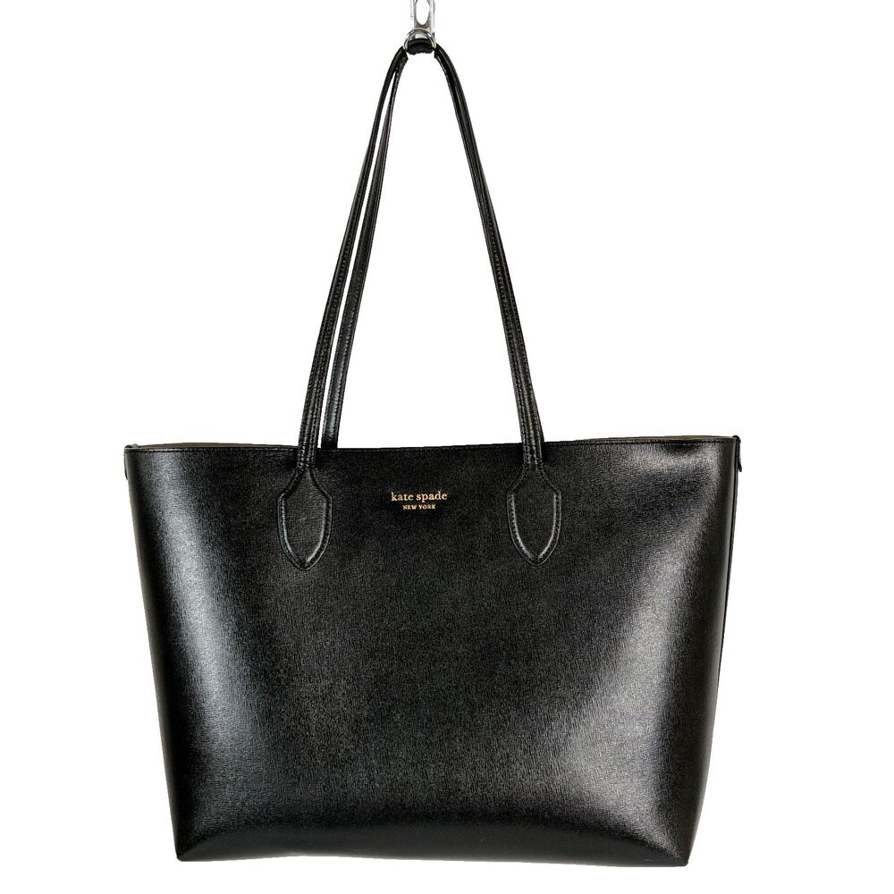 Kate Spade Bleecker Tote Bag Black Saffiano Leather Large Gold Logo